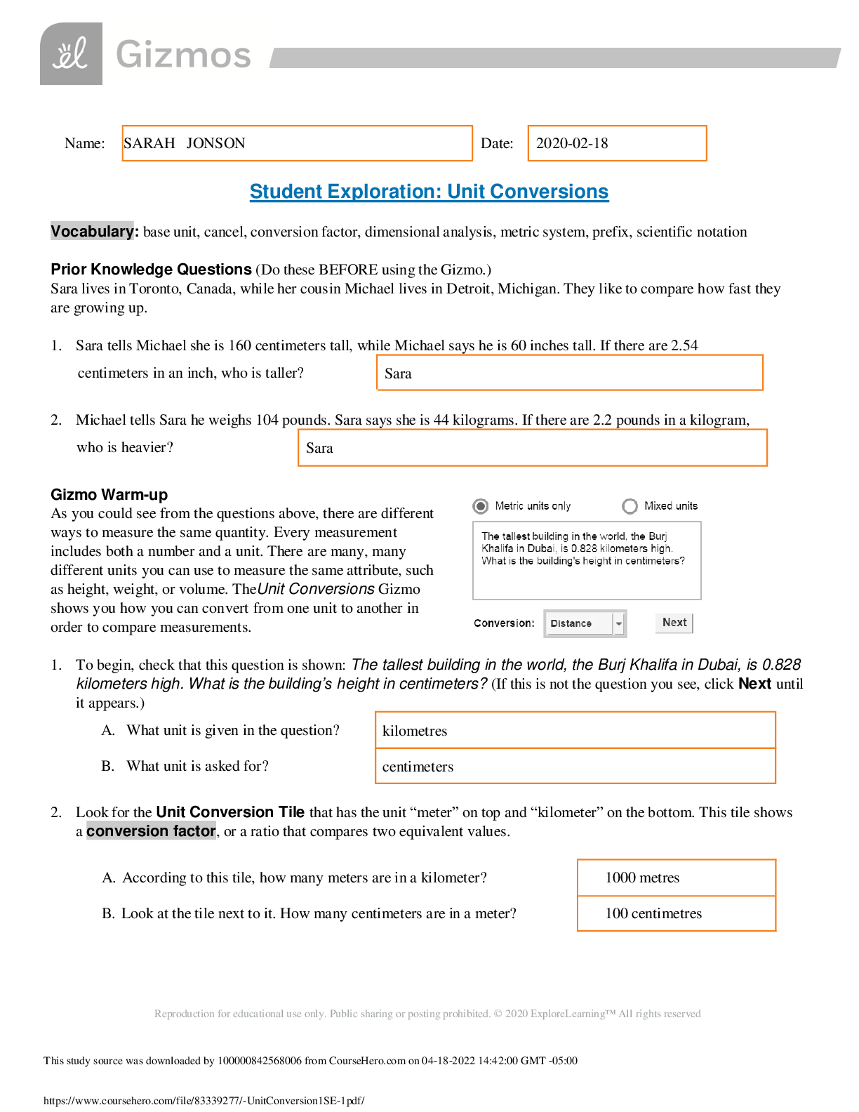 Preview image of GIZMOS Student Exploration: Unit Conversions document